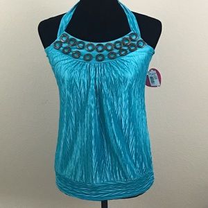 Heart & Soul Turquoise Crinkle Halter Top- Medium